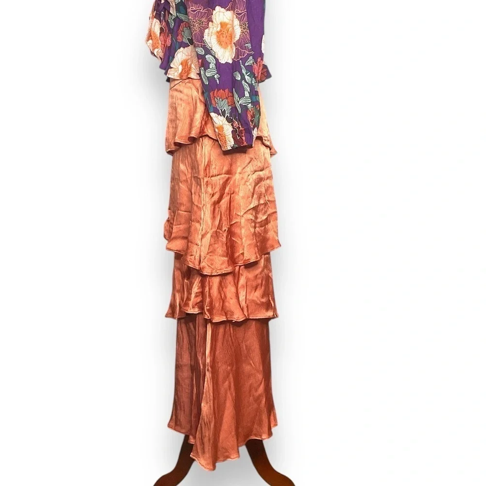 Maeve Copper Satin Flat Waist Asymmetrical layered Maxi Party Skirt Size 0